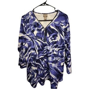 Chico's Women's Top Size 1 (Medium 8-10) Blue White Abstract Print 3/4 Sleeve Zi